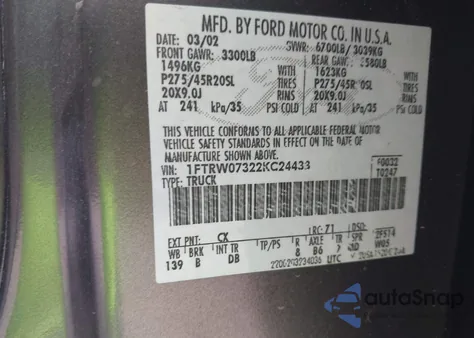 2002 Ford F-150 Lariat from USA, damaged, VIN 1FTRW07322KC24433